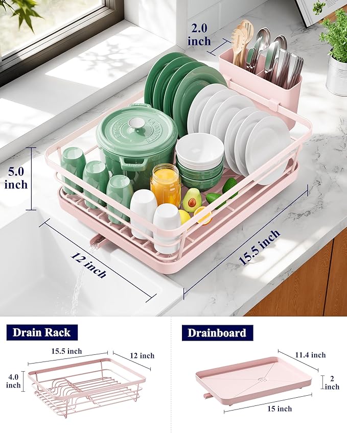 Kitsure Dish Drying Rack for Kitchen Counter, Stainless Steel Sink Organization and Storage Essentials with Cutlery Holder, Home and Appartment Decor, 12''W x 15.5''L, Pink