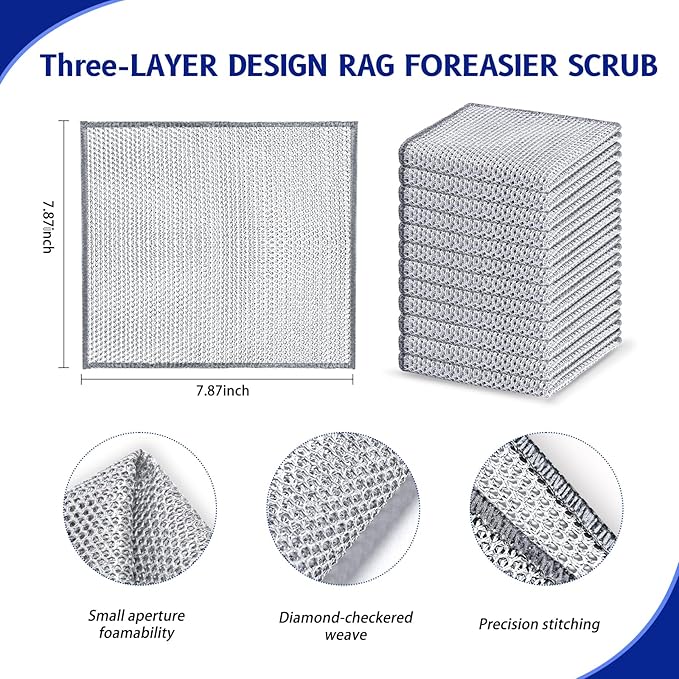 Wangjinpeng 24PCS 3-Layer Non-Scratch Multipurpose Steel Wire Dishcloths - Reusable Quick-Dry Odor-Free Scrub Cloths for Dishes, Kitchen Cleaning Cloths for Cookware, Sinks, Stove Tops(7.87X7.87)