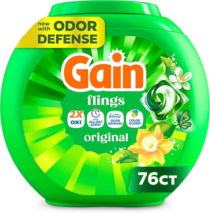 Gain Flings Laundry Detergent Pacs, 76 Count, Original Scent, with Odor Defense, concentrated laundry soap pacs