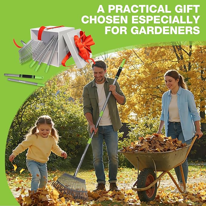 WORKPRO Rakes, Small Leaf Rake with 73” Adjustable Long Handle, Narrow Metal Garden Rake with 25 Steel Tines, Heavy Duty Rust-Resistant Lawn Rakes for Yard, Garden, Shrubs, Flower Beds & Tight Spaces
