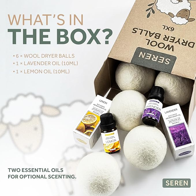 SEREN Wool Dryer Balls 6 Pack XL with Lavender Lemon Essential Oils - Organic New Zealand Wool, Natural Fabric Softener Alternative Reduces Static Wrinkles, Chemical-Free Reusable Eco-Friendly