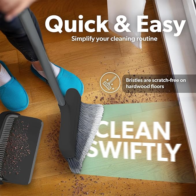 BLACK+DECKER Butler Broom & Dustpan Set - Stand-Up Design - Lightweight, Space-Saving Combo for Kitchen, Living Room, Bathroom, Lobby Floors - Home Cleaning Essential, Black/Grey
