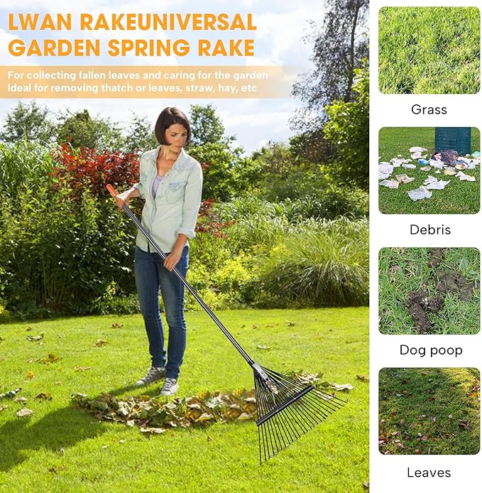 46 HRC Steel Gardening Leaf Rake, 24 Tines 23.2" Wide,Adjustable Split Long Handle 33-67",Suitable for Raking Leaves and Lawn Tidying,Garden rake and thatch rake Suitable for Adults