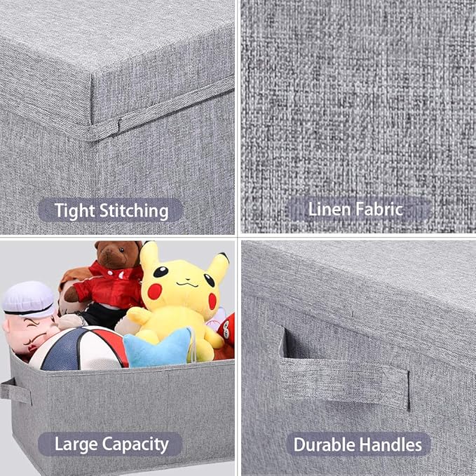 HOONEX Linen Foldable Storage Bins with Lids, 2 Pack, Storage Boxes with Carrying Handles and Sturdy Heavy Cardboard, 16.5" L x 11.8" W x 7.5" H for Shoes, Books, Clothes, Light Grey