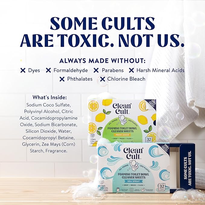 Cleancult Toilet Bowl Cleaner Sheets - Dissolvable, Septic Safe, Effective Cleaning, Removes Stains & Rings, Cleans & Deodorizes - 32 Uses - Fresh Lemon Scent - Plastic-Free Packaging
