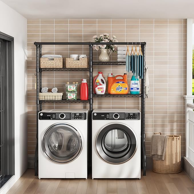 ULIFHOME U14 Over Washer and Dryer Storage Shelves, 4 Tiers Laundry Room Storage and Organizer System, Space Saving Clothes Drying Rack with 2 Clothes Hanger Rods, 66.5" W x 20.5" D x 77.4" H, Black