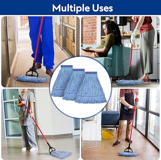 Matthew Cleaning Heavy Duty Mop Head Commercial Replacement for General and Floor Cleaning , Wet Industrial Blue Cotton Looped End String Head Refill (Pack of 12) Blue