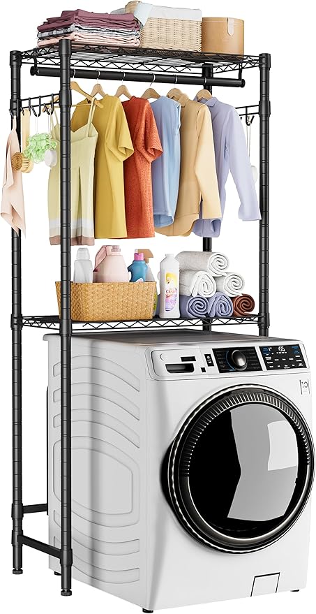Golpart Over Washer and Dryer Shelves,2 Tier Adjustable Height Wire Shelving Laundry Room Storage Organization Clothes Drying Rack with Hanger Rod&Hooks,Space Saving Organizers Shelf,Black