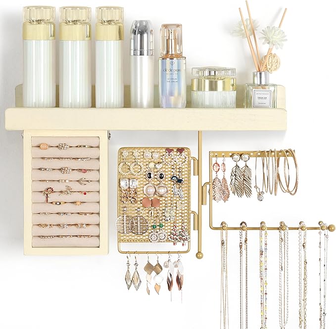 SOLIMINTR Hanging Jewelry Organizer Wall Mount with Rustic Wood Shelf, Ring Display Box, Ear Studs Earring Holder, Rotating Necklace Holder Organizer Gold