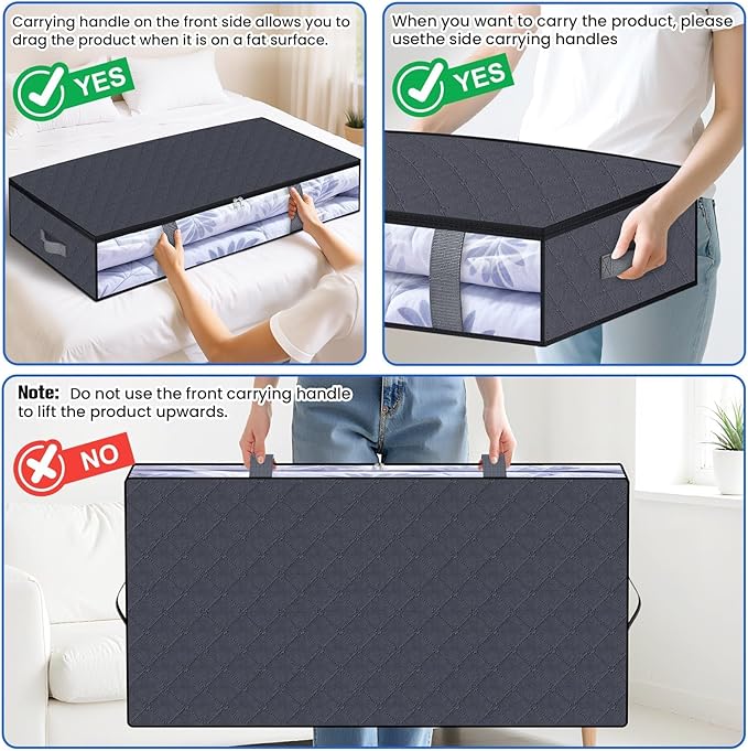 TasticTotes Under Bed Storage Containers, 6 Pack Blanket Storage Bags, Collapsible Storage Bags with Big Zippers, Clear Front, Shoe Storage and Organization for Clothes, Comforter, 90L, Grey