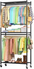 Sakugi Clothes Rack - 33.0" x 12.2" x 79.5" Clothing Rack with Shelves & Wheels, Multi-Functional Wardrobe Closet with Hooks, Sturdy Metal Garment Rack for Bedroom, Laundry, Balcony (Black)