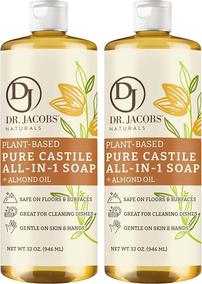 Dr. Jacobs Naturals Almond Castile All-in-One Cleaner and Soap - Plant-Based Formula for House Cleaning Floors and Appliances - Gentle on Skin and the Planet - 32 oz, 2 Pack