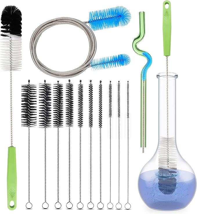 Set of 12 Tube Pipe Cleaners Kit - for Cleaning Narrow Neck Bottle, Curved Glass Tube, Hard-to-Reach Crevices,17” Long Handle Brush,8.2” Multi-Diameters Brushes,35” Flexible Dual-Head Cleaner