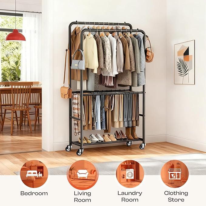 Clothes Racks for Hanging Clothes, Rolling Clothing Rack with Pants Rack, Side Hooks & Shoe Shelf, Portable Garment Rack for Bedroom, Laundry Room, Clothing Store, Closet, Black