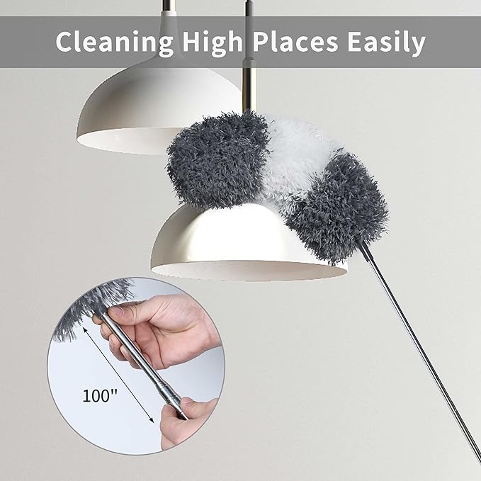 BOOMJOY Microfiber Feather and Cobweb Duster Set, Bendable Head and 100 inches Extension Pole, for High Ceiling, Fan, Blinds, Furniture