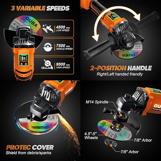 Cordless Angle Grinder Power Tools, Compatible with Dewalt 20V Max Battery Grinder Tool, Brushless Motor with LED, 3 Variable Speed, 4-1/2" Cutting Whee, Flap Disc Grinding (No Battery), Orange