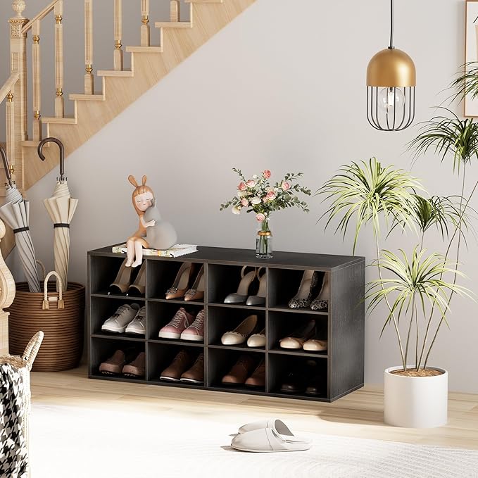 Garden 4 you Shoe Storage Bench, Cubby Shoe Rack with 12 Cubbies, 3-Tier Wood Shoe Rack Organizer, Shoe Organizer Cabinet for Entryway, Hallway, Closet and Garage, Black
