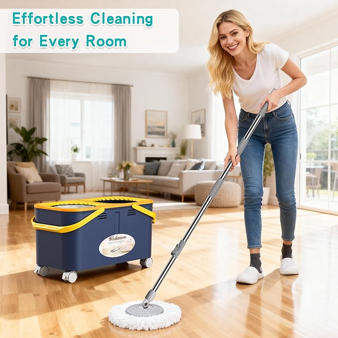 Compact Spin Mop and Bucket with Clean & Dirty Water System, Floor Mop with 360° Swivel Wheels, 61" Handle, 6 Reusable Mop Heads for for Wood, Tile, Vinyl, Baseboards- Blue/Yellow