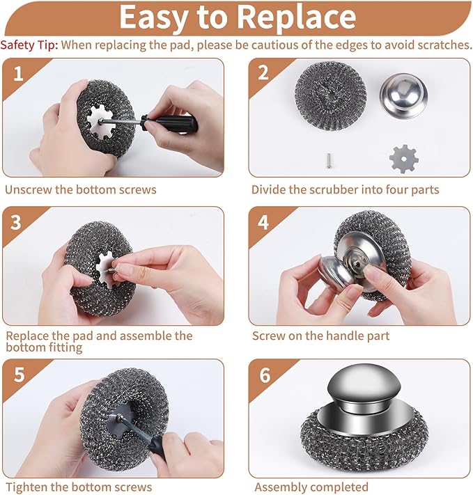 9Pcs Steel Wool Scrubber with Replacement Wire Sponge Pads Set, Stainless Steel Scrubber with Handle for Scouring Messes from Cast Iron, Frying pan, Pots, Pans, Grill, Stoves, Sink(1 Scrubber+8 Pads)