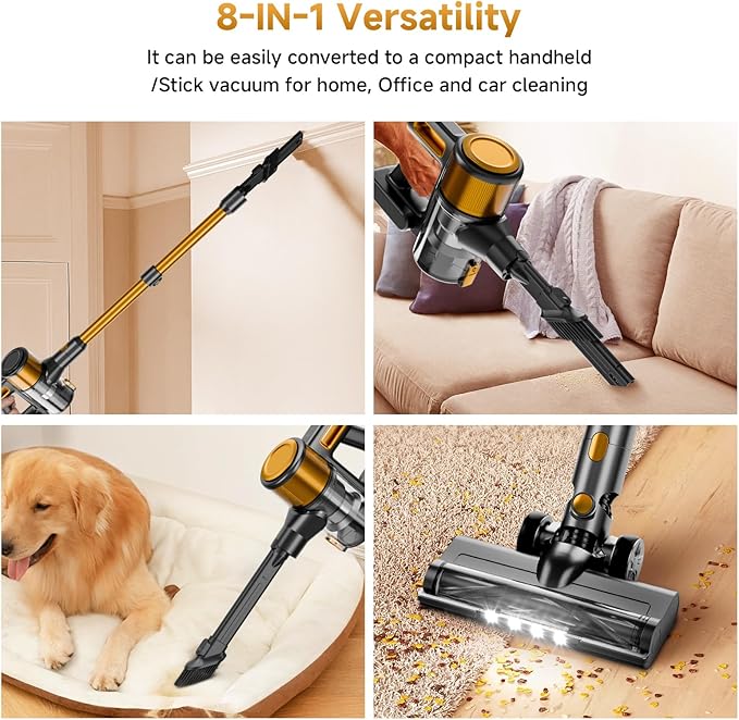 Cordless Vacuum Cleaner, 38Kpa Vacuum Cleaners for Home, 60Mins Lightweight Stick Vacuum with LED Display, Anti-Tangle & Wall Mount , 8 in 1 Lightweight Vacuum for Hard Floors Carpet Pet Hair, Gold