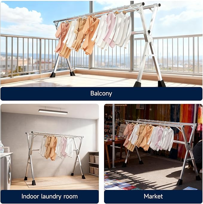 MIKEE 79-Inches Clothes Drying Rack,Foldable Laundry Drying Rack Clothing for Indoor/Outdoor，Length-Adjustable Clothes Rack，Space-Saving,with 20 Windproof Hooks