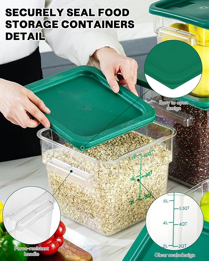 12QT NSF Food Storage Containers: 2 PCS [Food Grade][Hot&Cold Resistant] Commercial Clear Square Food Storage Containers with Scales Handles for Home Restaurant Kitchen Proof Dough(BPA FREE-GREEN N2)