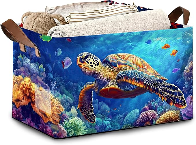 SeaTurtle Storage Basket with Handles,Ocean Coral Collapsible Rectangle Organizer Bin for Room Decoration Books Box Baskets 17x11.5x10Inch