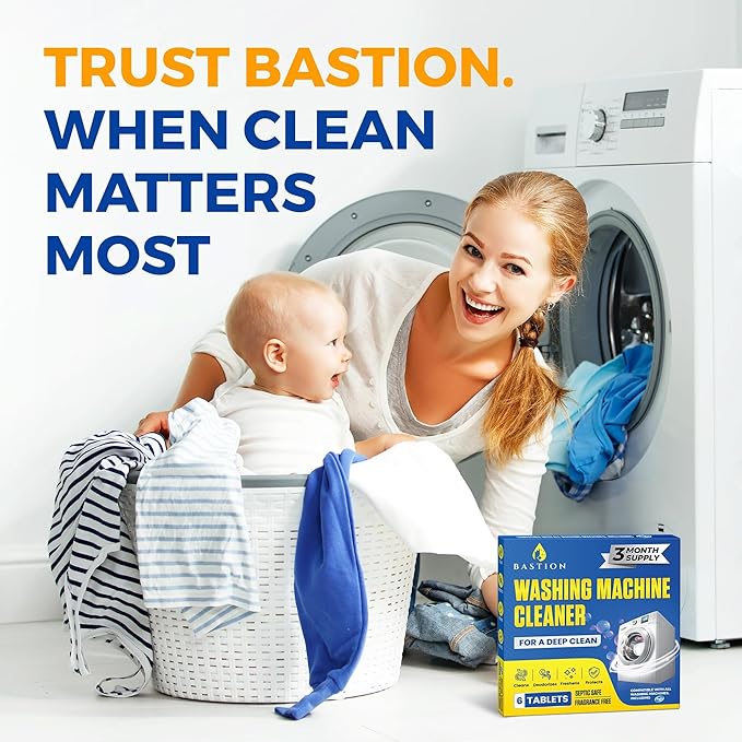 Bastion Washing Machine Cleaner, Deodorizer, & Descaler 6-Pack - Active Deep Cleaning Tablets For HE Front Loader & Top Load Washer, Septic Safe Eco-Friendly - 3 Month Supply