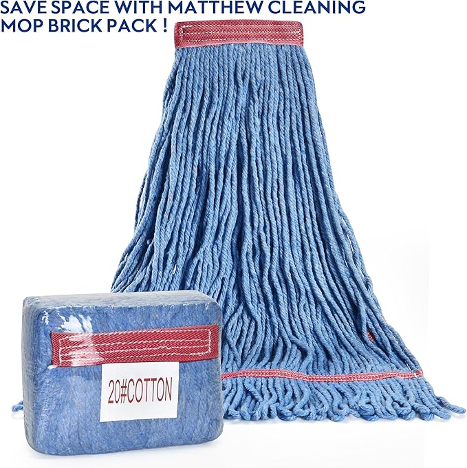 Matthew Cleaning 20oz Heavy Duty Mop Head Commercial Replacement for General and Floor Cleaning, Wet Industrial Blue Cotton Looped End String Head Refill (Pack of 6) Blue