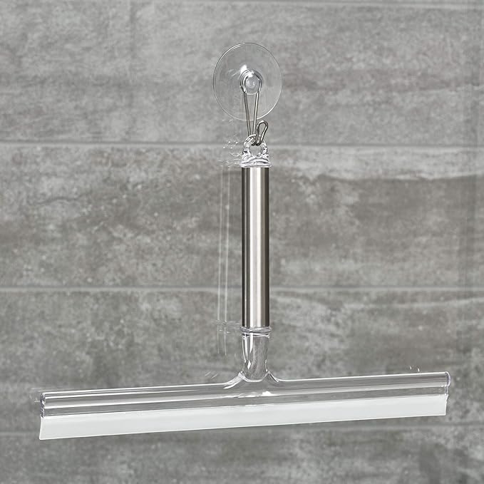 iDesign Forma Brushed Stainless Steel Squeegee with Suction Storage Hook - 12" x 8"