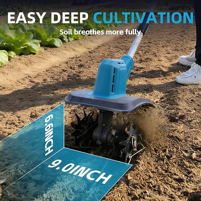 Cordless Tiller Cultivator, Battery Powered Electric Tiller with 360RPM, 48 Steel Tines, 9" Tilling Width, 6.6" Depth, Portable Rotary Tiller for Gardening(2x4.0 Ah Battery & Charge & LCD Display)