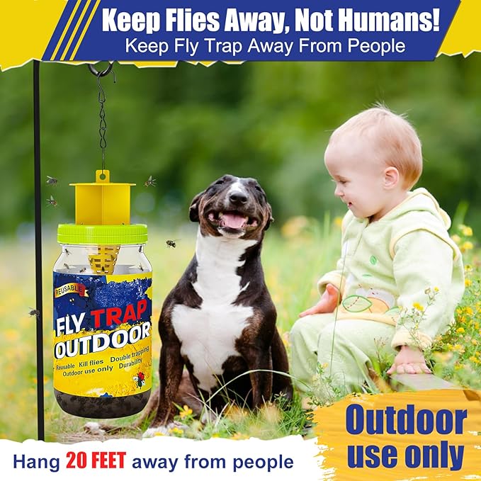 Reusable Outdoor Fly Trap Bottles, 3 Pack Flies Killer Jar Catcher with 6 Natural Bait Refills Lure, Bug Insect Control Hanging for Outside Barns, Stable, Patio