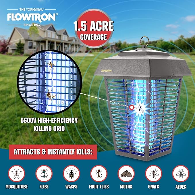 Flowtron Bug Zapper, 1-1/2 Acre of Outdoor Coverage with Powerful 80W Bulb & 5600V Instant Killing Grid, Electric Insect, Fly & Mosquito Zapper, Made in The USA, UL Certified - Grey Color