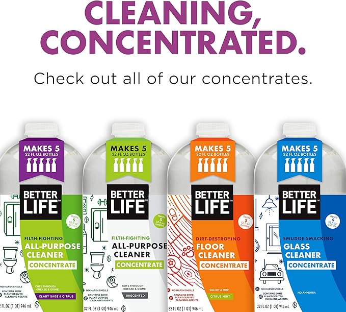 BETTER LIFE Glass Cleaner Concentrate - Streak-Free Window Cleaner for Home, Kitchen, Bathroom, Shower, Car - Works on Glass, Windows, Mirrors, Light Fixtures - 32oz Unscented