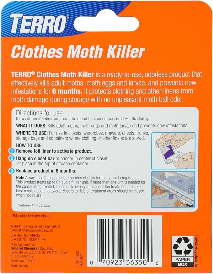 TERRO Clothes Moth Killer – T2903 3 Pack | Kills Adult Clothes Moths, Larvae and Moth Eggs | No Moth Balls Odor