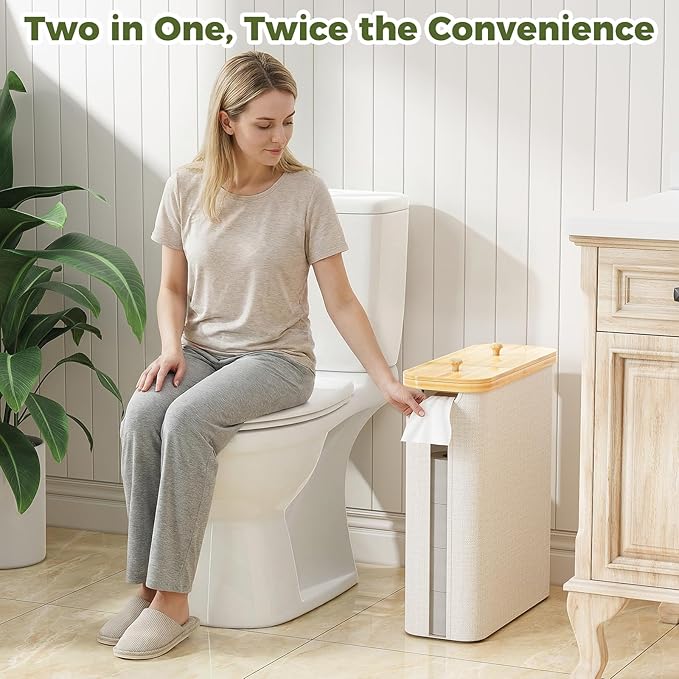 42L Toilet Paper Basket with Bamboo Lid, Toilet Paper Storage with Toilet Paper Holder & Non-Slip Mat for Bathroom Organizer, Holds up to 19 Regular Rolls or 14 Mega Rolls, Collapsible & Stackable