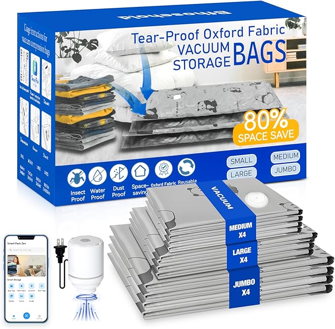 12 Pack Oxford Ripstop Vacuum Storage Bags with Pump, Reusable Space Saver Bags for Clothes, 4 Jumbo + 4 Large +4 Medium Vacuum Bags for Travel, Luggage, Blankets, Quilt