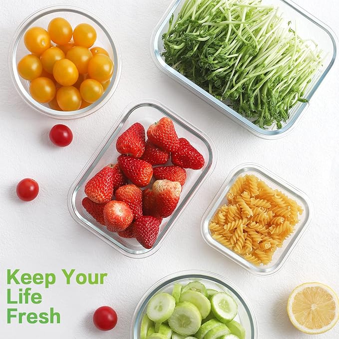 HOMBERKING Glass Food Storage Containers with Lids, [18 Piece] Glass Meal Prep Containers, Airtight Lunch Bento Boxes, BPA-Free & Leak Proof (9 lids & 9 Containers) - Deep Blue
