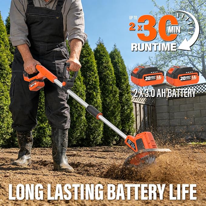 MAXLANDER 20V Cordless Tiller Cultivator, 9-Inch Electric Garden Tiller with 48 Steel Tines, 360RPM Battery Powered Rototiller for Gardening,2 x 3.0Ah Battery and Charger Included