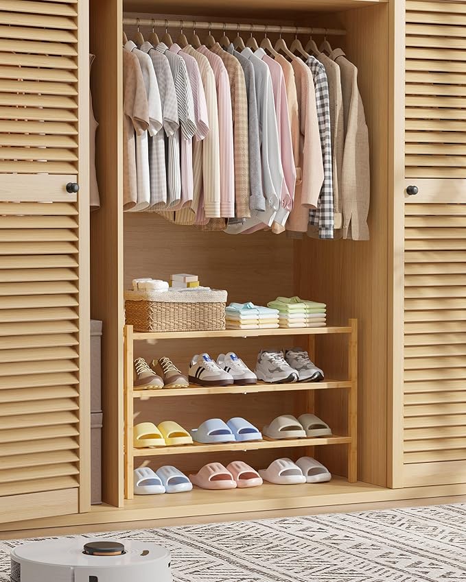Kitsure Bamboo Wooden Shoe Rack for Closet - Stackable Shoe Organizer with Modular Structure, Space-Saving Shoe Shelf for Entryway, Living Room, Bedroom, 26.8" x 11" x 18.9", Natural