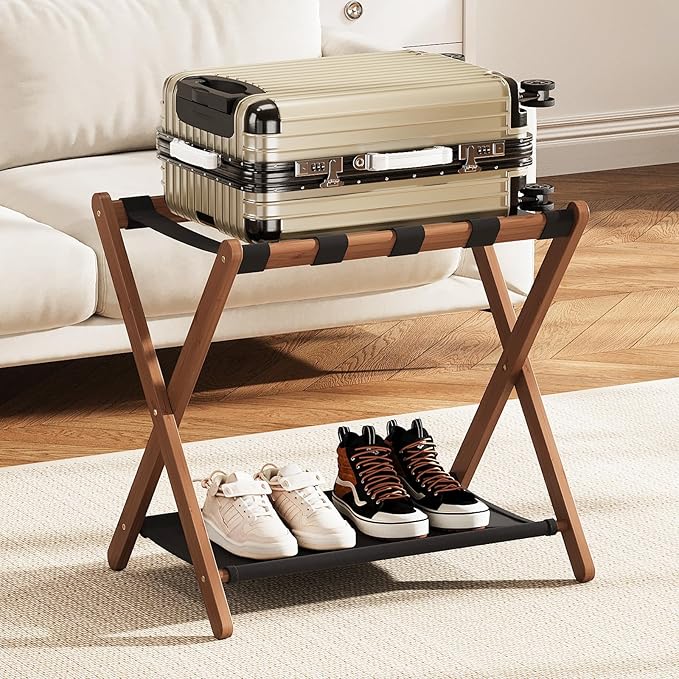 Fully Assembled Walnut Luggage Racks Set of 2, Bamboo 26.77" Luggage Rack Stand for Guest Room, 5 Nylon Straps, Foldable Suitcase Stand with Storage Shelf for Bedroom Hotel, Holds up to 165 Lbs