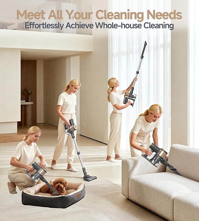Hivroo N17 Cordless Vacuum Cleaner, Upgraded Lightweight Stick Vacuum for Home, 45mins Runtime, Powerful Suction, Self-Standing, Anti-tangle, Rechargeable Vacuum for Hard Floor Carpets Pet Hair (Gold)