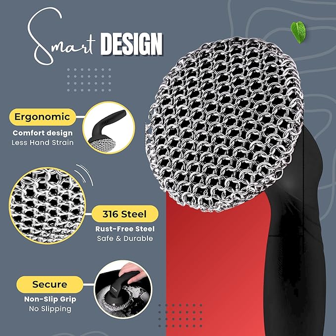 KIVANO Cast Iron Scrubber with Pan Scraper, 316L Chainmail Scrubber, Long Handle Cast Iron Cleaner for Dishes, Pans, Grills, Upgraded Chain Mail Scrubber for Grill Pan Skillet Wok Carbon Steel