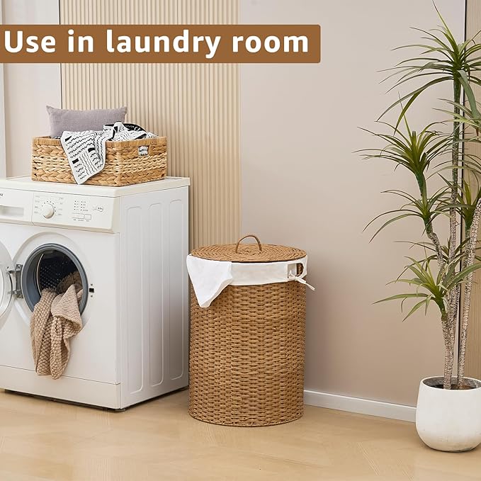 Round Wicker Laundry Hamper with Lid Handwoven Rattan Basket with Handles for Dirty Clothes, 2 Washable Liner Bags, No Assembly Required, Washable Basket, 90L