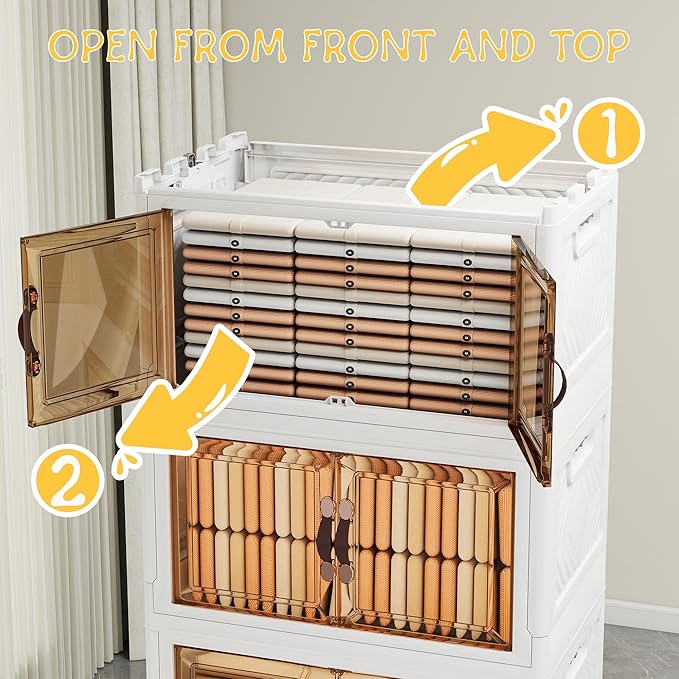 Storage Bins with 2 Lids and Wheels, 990QT-165QT*6Tier Collapsible Bathroom Storage Cabinet with Clear Doors, Plastic Stackable Closet Organizers and Containers White