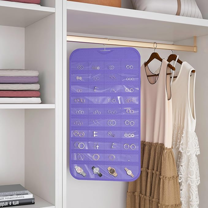 1 Pack Hanging Jewelry Organizer 80-Pocket Dual-sided Jewelry Storage for Earring Necklace Bracelet Ring Travel Holder, Purple