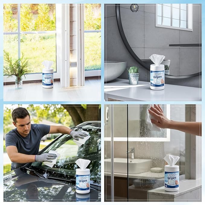 Nuanchu 3 Pack Glass Cleaning Wipes 180 Count Pre-moistened Glass and Original Ammonia-free Formula Surface Wipes for Mirrors, Windows, Kitchen, Home
