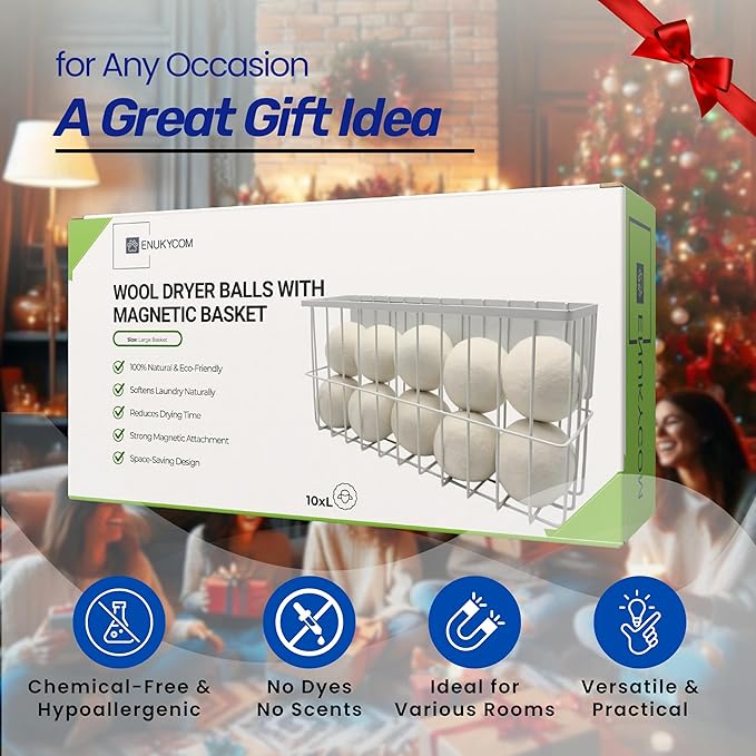 10 XL Wool Dryer Balls Laundry Reusable from New Zealand Wool & Magnetic Dryer Ball Holder - Laundry Wool Dryer Balls Storage Containers: Easy Install Without Tools, Magnetic Basket for Dryer Balls