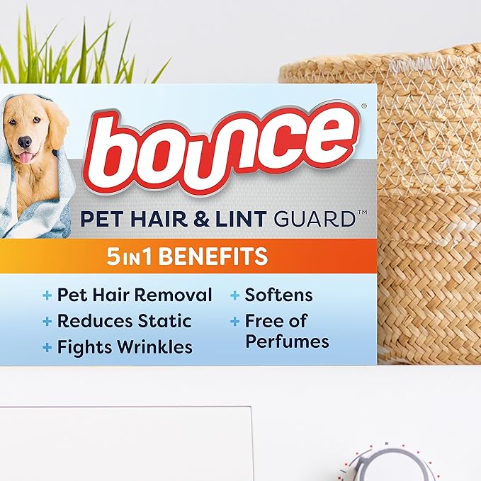Bounce Pet Hair and Lint Guard Mega Dryer Sheets with 3X Pet Hair Fighters, Unscented, 130 Count (Pack of 2)