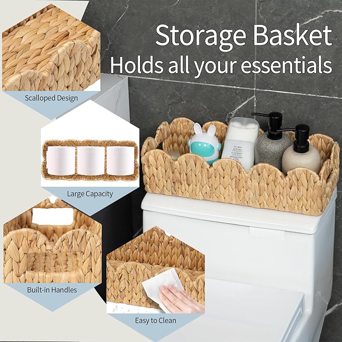 Coeusy 2 Pack Toilet Baskets,Scalloped Edge Wicker Basket for Toilet Paper Storage,Small Baskets for Bathroom,Living Room,Countertop, Shelves,Both Organizer&Decor,Natural Water Hyacinth